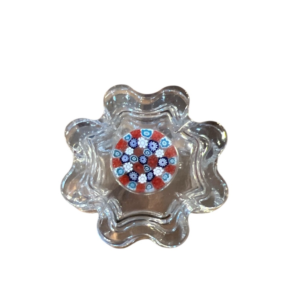 Vintage 2" Murano Millefiori Art Crystal Trinket Box Lucky Clover 2pc Italian